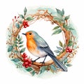AI rendered wreath with a robin. Christmas illustration