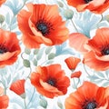 Ai rendered seamless repeat watercolour pattern with red poppies.