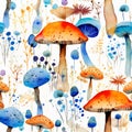 Ai rendered seamless repeat watercolour pattern colourful mushrooms