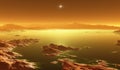 Titan, largest moon of Saturn with atmosphere. Surface landscape of Titan. Evaporating the hydrocarbon lakes. Royalty Free Stock Photo