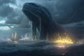 Titanic Clash: Sea Monster vs Whale in Stormy Seas - 8k Concept Art Trending on Artstatio