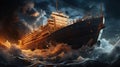 The Titanic Colliding With An Iceberg Depicting The Moment of Impact in The Midst of The Dark and Icy Ocean Seascape Background