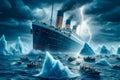 A dramatic depiction of the Titanic amidst its tragic sinking, surrounded by lifeboats and icy waters.