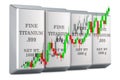 Titanium bars with candlestick chart, showing uptrend market. 3D rendering