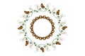 Round frame of embroidered butterflies on stems with leaves and white flowers in the middle frame of beads and of butterflies on w