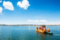 Traditional Totora boat on Titicaca lake in Puno, Peru