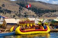 Titikaka lake, tourists visiting Uros islands in Peru