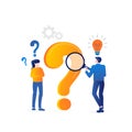 Title: Asking Business question mark characters male and female Ideas bulb glowing setting icon orange and blue Royalty Free Stock Photo