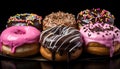 Title assorted chocolate glazed doughnuts in a display, delicious pastry treats