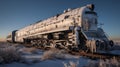 title. close-up view of the intricate details of an old steam locomotive in a snow-covered forest under soft winter light Royalty Free Stock Photo