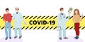 Title covid-2019 on the enveloping tape. Compliance with quarantine. Doctors take patients with coronavirus.