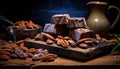 Title culinary background with dark chocolate pieces and crushed cocoa beans for baking Royalty Free Stock Photo
