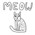 Cute cartoon doodle cat and word MEOW isolated