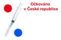 Title in Czech Vaccinated in the Czech Republic. Syringe and two components of the Covid-19 vaccine in the form of a percent sign