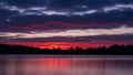 Title: Dramatic sunset over a calm lake with red and pink clouds reflected in the water and a Royalty Free Stock Photo