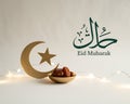 Title: An Eid Mubarak greeting featuring a golden crescent moon with a star, dates in a bowl, string lights, and Arabic Royalty Free Stock Photo