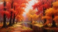 An enchanting autumn landscape, with vibrant hues of red, orange, and gold painting the trees.