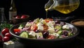 Title fresh greek salad with vegetables and feta cheese being drizzled with olive oil in bowl Royalty Free Stock Photo