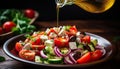 Title fresh greek salad with vegetables and feta cheese being drizzled with olive oil Royalty Free Stock Photo