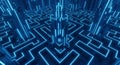 Title: Futuristic Digital Circuit Maze Pattern With Blue Glow Background, Technology Concept Royalty Free Stock Photo
