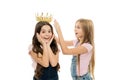 Title goes to cute kid. My best friend. Personal appreciation. Kid wear golden crown symbol princess. Every girl