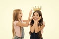 Title goes to cute kid. My best friend. Personal appreciation. Kid wear golden crown symbol princess. Every girl