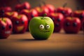 The title is: Green Apple Googly Eyes Sitting Front Red Apples High Smile Jack Focus Close Mischievous Person Standing Cartoon Royalty Free Stock Photo