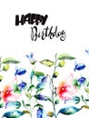 Happy Birthday with Ipomea and Bell flower flowers illustration