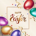 Title Happy Easter in frame. Gold and colorful easter eggs on light background with golden serpentine and colorful confetti Royalty Free Stock Photo