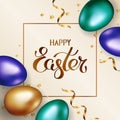 Title Happy Easter in frame. Gold and colorful easter eggs on light background with golden serpentine and confetti. Greeting card Royalty Free Stock Photo