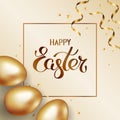 Title Happy Easter in frame. Gold easter eggs on light background with golden serpentine and confetti. Invitation background Royalty Free Stock Photo