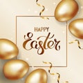 Title Happy Easter in frame. Gold easter eggs on light background with golden serpentine and confetti. Invitation background Royalty Free Stock Photo