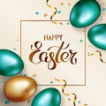 Title Happy Easter in frame. Gold and green metallic easter eggs on light background with golden serpentine and confetti Royalty Free Stock Photo