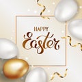 Title Happy Easter in frame. Gold and white easter eggs on light background with golden serpentine and confetti. Invitation Royalty Free Stock Photo