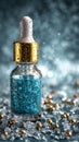 The title of the image is âBlue Glass Dropper Bottle with Crystalline Background Royalty Free Stock Photo