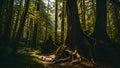 Title: A large tree with exposed roots and a mossy trunk in a dense forest setting Royalty Free Stock Photo
