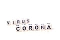 The title made of miniature white dices with black letters of very dangerous deadly corona virus type