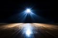 Title mesmerizing aura emanates from brilliantly lit pro basketball court in empty arena Royalty Free Stock Photo
