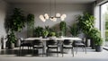 Title: Minimalist dining room with indoor plants and modern lighting (226 Royalty Free Stock Photo