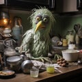 Muppet metaphorical green color chicken, making something in kitchen