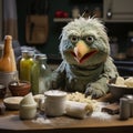 Muppet metaphorical green color chicken, making something in kitchen Royalty Free Stock Photo