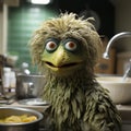 Muppet metaphorical green color chicken, making something in kitchen Royalty Free Stock Photo