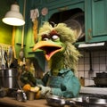 Muppet metaphorical green color chicken, making something in kitchen