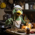 Muppet metaphorical green color chicken, making something in kitchen Royalty Free Stock Photo