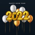 Title: 2022 new year sign. numbers 2022 with golden ballons on blue background