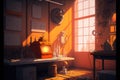 Title: Old vintage working room with ancient electric devices on a sunset. Liminal space. Muted colors, grunge effect. AI