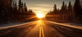 Title panoramic view of asphalt highway road and mountain scenery at sunrise Royalty Free Stock Photo