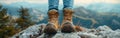 Resting atop the mountain - Young woman hiker takes a break, admiring stunning panoramic view of nature with hiking shoes and Royalty Free Stock Photo