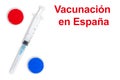 Title in Spanish Vaccinated in Spain. Syringe and two components of the Covid-19 vaccine in the form of a percent sign on a white