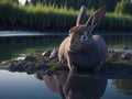 A rabbit on a rock by a river